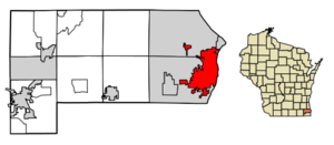 Location of Racine in Racine County, Wisconsin.