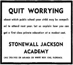 Stonewall Jackson Academy (Florence, SC) 1970 Advertisement