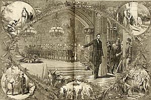 Thomas Nast illustration of Abraham Lincoln welcoming Confederates to Christmas dinner, Christmas 1864