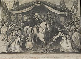 Washington's reception on the bridge at Trenton in 1789, engraved by T. Kelley (cropped)