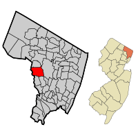 Map highlighting Fair Lawn's location within Bergen County. Inset: Bergen County's location within New Jersey