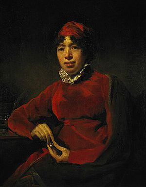 Oil painting of Elizabeth Hamilton, pained in 1812 by Sir Henry Raeburn. Hamilton is seated and wearing a red dress with a high collar, and a red head piece.