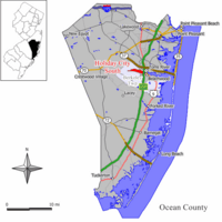 Map of Holiday City South CDP in Ocean County. Inset: Location of Ocean County in New Jersey.