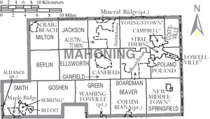 Map of Mahoning County Ohio With Municipal and Township Labels