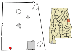 Location of Wadley in Randolph County, Alabama.
