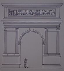 Reconstruction drawing of the triumphal arch dedicated to Hadrian near the camp of the Sixth Legion at Tel Shalem, Israel Museum, Jerusalem (15472504477)