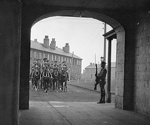 Royal Canadian Dragoons leaving Stanley Barracks through arch, April 14, 1925