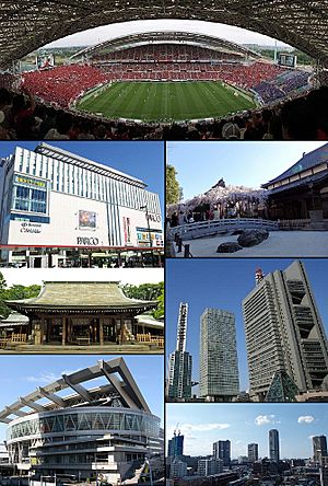 From top left: Saitama Stadium 2002, Urawa Parco, Gyokuzouin, Hikawa Shrine, Saitama New City Center, Saitama Super Arena, Musashi urawa