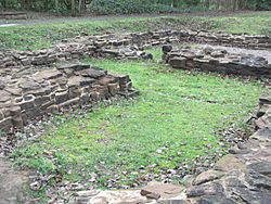 A contemporary photograph showing the low stone walls which mark the layout of the priory's south chapels.