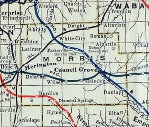 Stouffer's Railroad Map of Kansas 1915-1918 Morris County