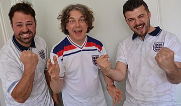 Tom, Alan Davies, and Dom during 2014 FIFA World Cup