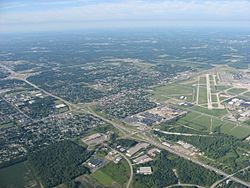Aerial view of Vandalia, with Dayton International Airport to the north