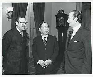 WPIX President's meeting with Carl Albert and Lester Wolff to discuss upcoming programs on Ask Congress. February 24, 1974