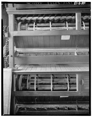 William E. Barrett, Photographer, 1974. FLOUR DRESSERS OPEN SHOWING REELS FOR SEPARATION AND CLEANING BRUSHES. - Easton Roller Mill, West Run Road, Morgantown, Monongalia County, HAER WVA,31-MORG,2-13
