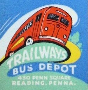 "Trailways Bus Depot" art in 1949 - Trailways Bus Company - Matchcover - Allentown PA (cropped)