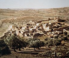 AN ARAB VILLAGE NEAR JERUSALEM AND BEYOND IT, THE JUDEAN DESERT, PHOTOGRAPHED BY IN THE LATE 19TH CENTURY BY FRENCH PHOTOGRAPHER, BONFILS. צילום צבע מסוף המאה ה19 של הצלם הצרפ