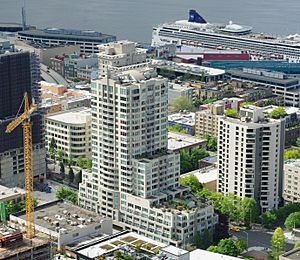 Aerial view of Belltown looking at 2600 Second Avenue (presently Seattle Heights Condos)