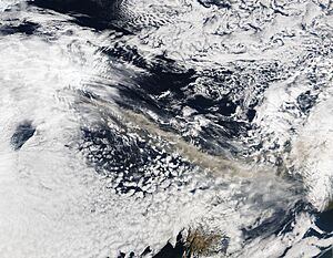 Ash plume from Eyjafjallajokull Volcano over the North Atlantic, April 15, 2010 - A2010105.1330.250m