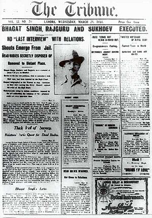 Bhagat Singh's execution Lahore Tribune Front page