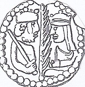Bracteate, 1157, comemorating wedding of king Valdemar (the Great) & queen Sophia (of Minsk) of Denmark.jpg