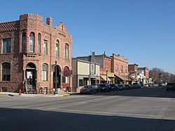 Sioux Quartzite  was used in the reconstruction of downtown Dell Rapids after a fire burned down the wooden buildings in the 1880s.