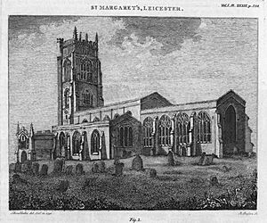 Engravings of St Margaret’s Church, Leicester from John Nichols ’History and Antiquities’ - South aisle, porch, chancel, and tower
