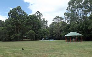 Exercise equipment and covered tables at Alexander Clark Park in Loganholme, Queensland