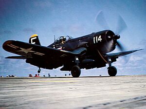 F4U-4 of VF-44 taking off from USS Boxer (CVA-21) 1953