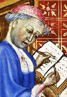 First page of the book "Traité de l'espère" containing a miniature portraying Nicole Oresme (cropped)
