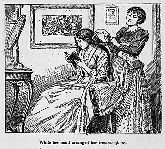 Illustrations by K. M. Skeaping for the Holiday Prize by E. D. Adams-pg-010-While her maid arranged her tresses