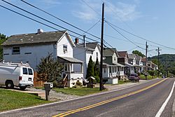 Looking east at the north side of Jacoby Road in Harwick, Springdale Township, Pennsylvania, at the intersection with Pillow Street
