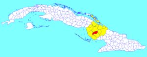 Jimaguayú municipality (red) within  Camagüey Province (yellow) and Cuba