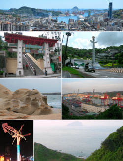Top: A panoramic view of downtown Keelung and Keelung Port Second left: Main gate of Chung Cheng Park Second right: Start of Sun Yat-sen Freeway Third left: Northern coast of Keelung Third right: Keelung Port Bottom left: A pencil squid (Loliginidae)-style windmill in downtown Bottom right: Keelung Island