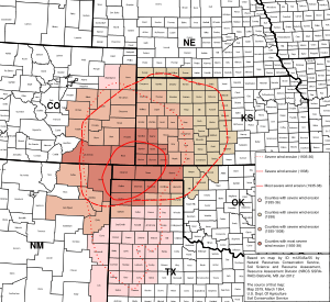 Map of states and counties affected by the Dust Bowl, sourced from US federal government dept. (NRCS SSRA-RAD)