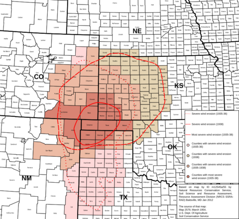 Map of states and counties affected by the Dust Bowl, sourced from US federal government dept. (NRCS SSRA-RAD)