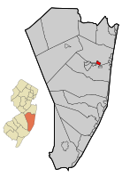 Location of Island Heights in Ocean County highlighted in red (right). Inset map: Location of Ocean County in New Jersey highlighted in orange (left).