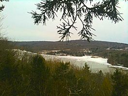 Partially frozen Lake Zoar viewed from the Pomperaug Trail just south of Oxford Connecticut's Jackson Cove Town Park.