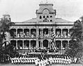 Raising of American flag at Iolani Palace with US Marines in the foreground (detailed)