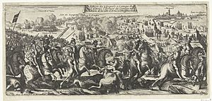 Ruitergevecht bij Arras, 1640 La defaicte des Espognols a L'attaque du Siege d'Arras l'Arrivee du Convoy et la Reddition de la ville d'Arras a l'Obeissance du Roy (titel op object), RP-P-OB-81.485.jpg