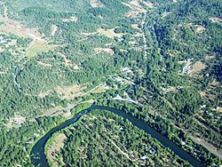 An aerial image of Trail and the Rogue River