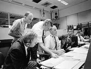 View of Mission Control Center during the Apollo 13 oxygen cell failure