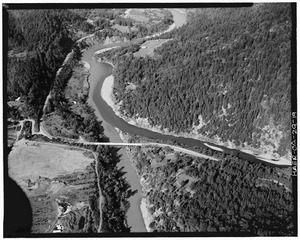 View to northwest. Aerial view of bridge in setting; upstream side. (135mm lens) - South Fork Trinity River Bridge, State Highway 299 spanning South Fork Trinity River, Salyer, HAER CAL,53-SALY.V,1-19