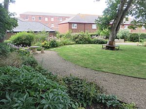 Weymouth Peace Garden with barracks