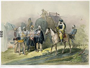 'Gruppe von Siekhs' (Group of Sikhs) in the English camp, near Kaffur as representative of the Lahore Durbar. Lithograph after an original sketch by Prince Waldemar of Prussia, ca.1853