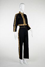 1980 Yves Saint Laurent RIve Gauche black satin pantsuit, gold guipure lace trim 01