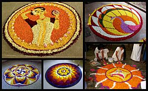 5 image collage of floral arrangement during the Hindu festival of Onam Kerala