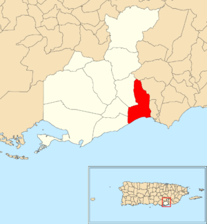 Location of Algarrobo within the municipality of Guayama shown in red