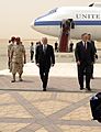 Defense.gov News Photo 110406-F-DQ383-002 - Secretary of Defense Robert M. Gates walks with U.S. Ambassador to Saudi Arabia James Smith after arriving at King Khalid International Airport in
