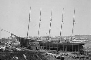 Preparing schooner Governor Ames for launch, 1888