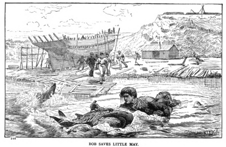 Illustration by C. J Staniland (1838-1916) and J. R. Wells (1849-1897) for The pirate island (1884, Blackie, London) by Harry Collingwood (1843-1922)-by courtesy of the Hathi Trust-page222-Saving little May